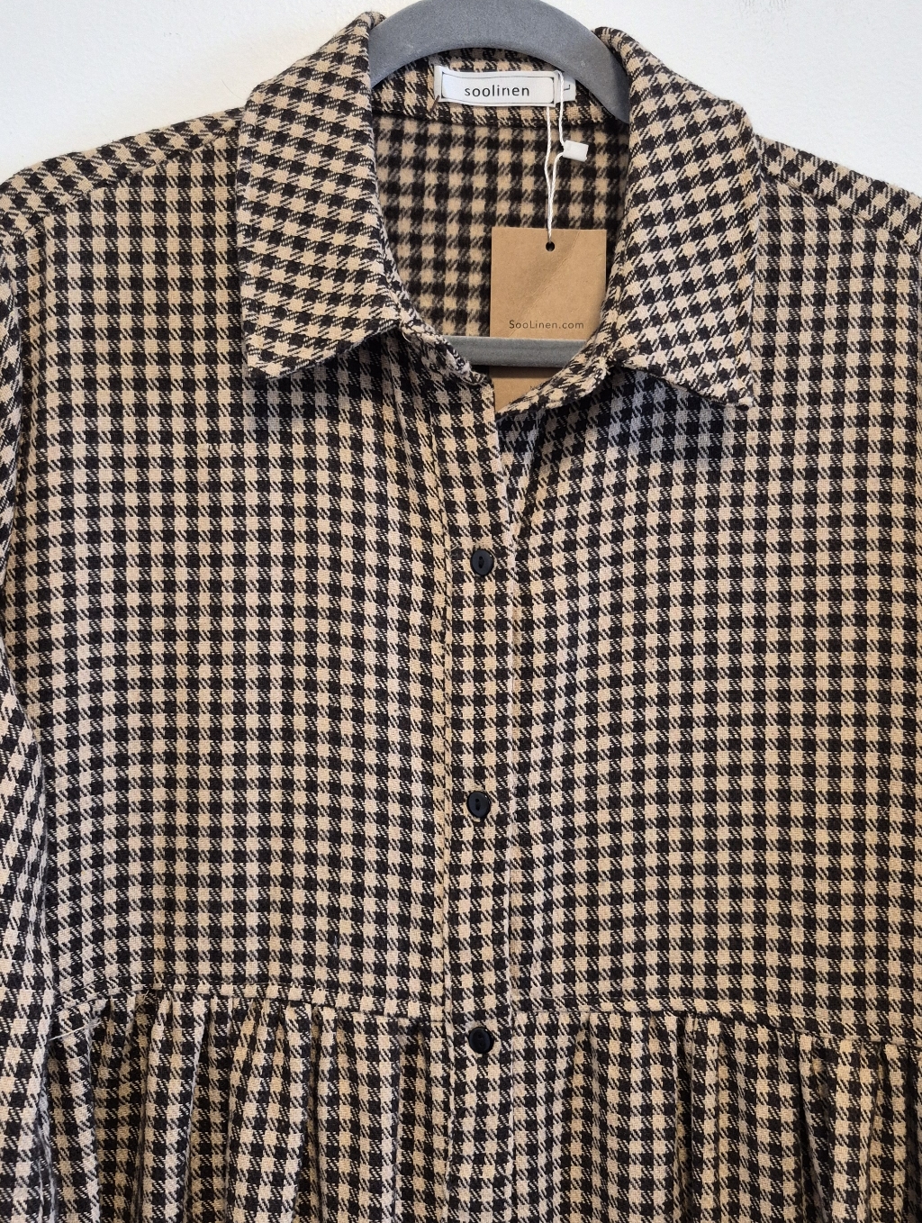 Soolinen Midi Dress Brown Houndstooth Button Front Collared Linen Blend Sz L — image 3 of 8